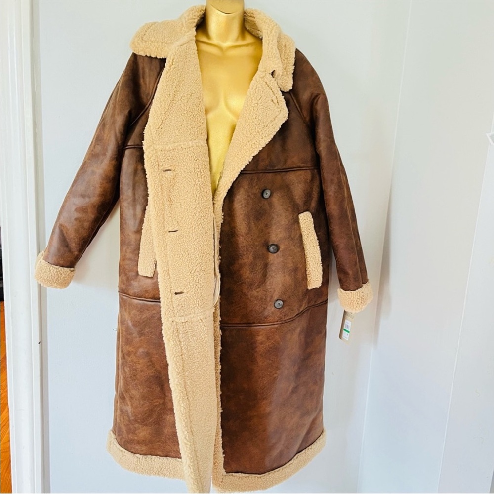 Levi's Brown Teddy long Sherpa Jacket with Cream Trim new - Picture 3 of 7